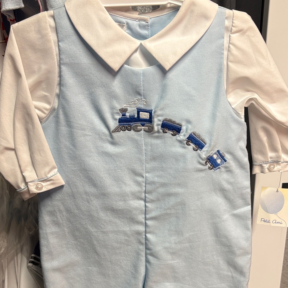 Petit Ami Light Blue Baby Romper with Train Embroidery - Picture 7 of 7